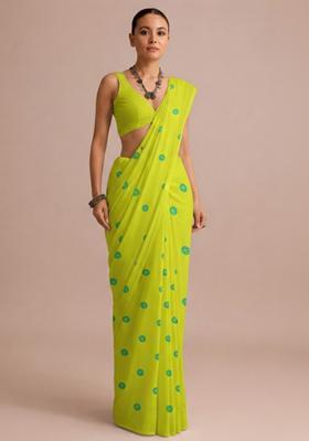 Lime Green Batik Print Satin Pre Draped Saree Set