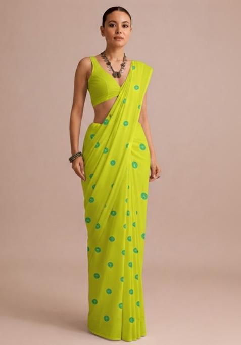 Lime Green Batik Print Satin Pre Draped Saree Set