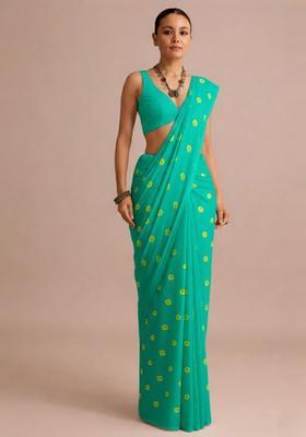 Peacock Green Batik Print Satin Pre Draped Saree Set