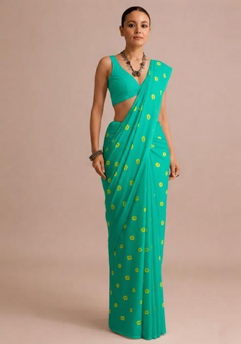 Peacock Green Batik Print Satin Pre Draped Saree Set