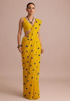 Mustard Batik Print Satin Pre Draped Saree Set
