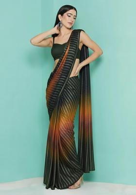 Dark Green Zari Crepe Pre Draped Saree Set