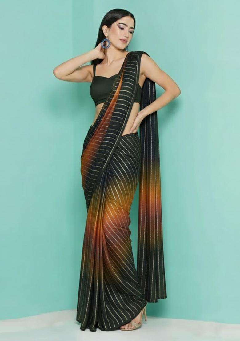 Dark Green Zari Crepe Pre Draped Saree Set - Indya