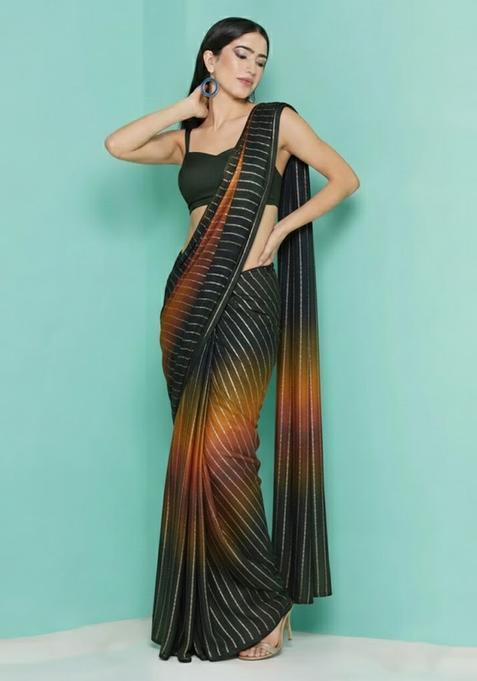 Dark Green Zari Crepe Pre Draped Saree Set