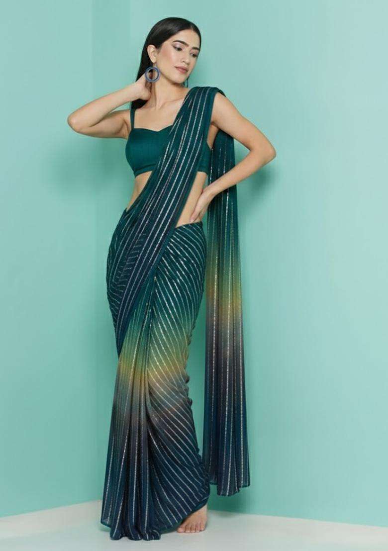 Teal Blue Zari Crepe Pre Draped Saree Set - Indya