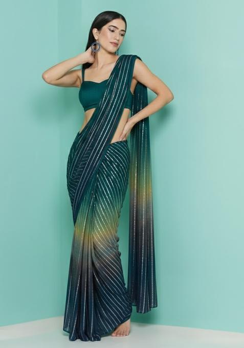Teal Blue Zari Crepe Pre Draped Saree Set
