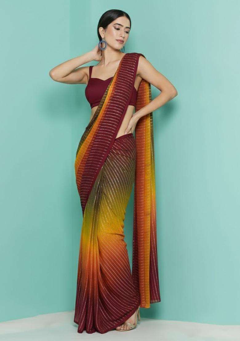 Wine Zari Crepe Pre Draped Saree Set - Indya