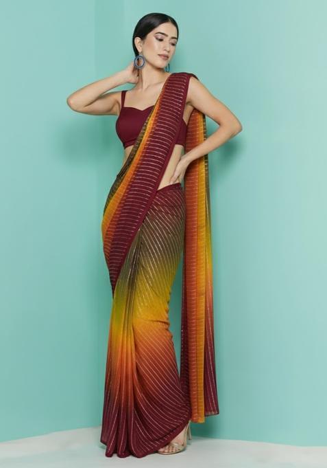 Wine Zari Crepe Pre Draped Saree Set