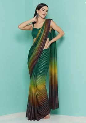 Emerald Green Zari Crepe Pre Draped Saree Set