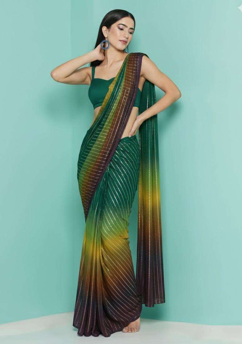 Emerald Green Zari Crepe Pre Draped Saree Set - Indya