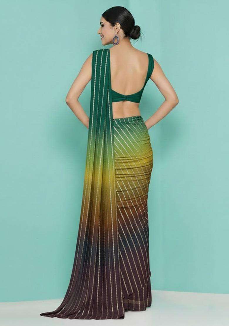 Emerald Green Zari Crepe Pre Draped Saree Set - Indya