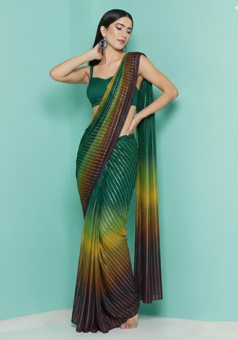 Emerald Green Zari Crepe Pre Draped Saree Set