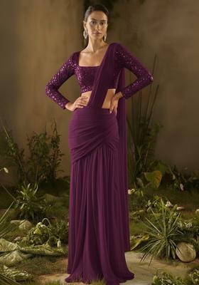 Purple Embroidered Georgette Pre Draped Saree Set