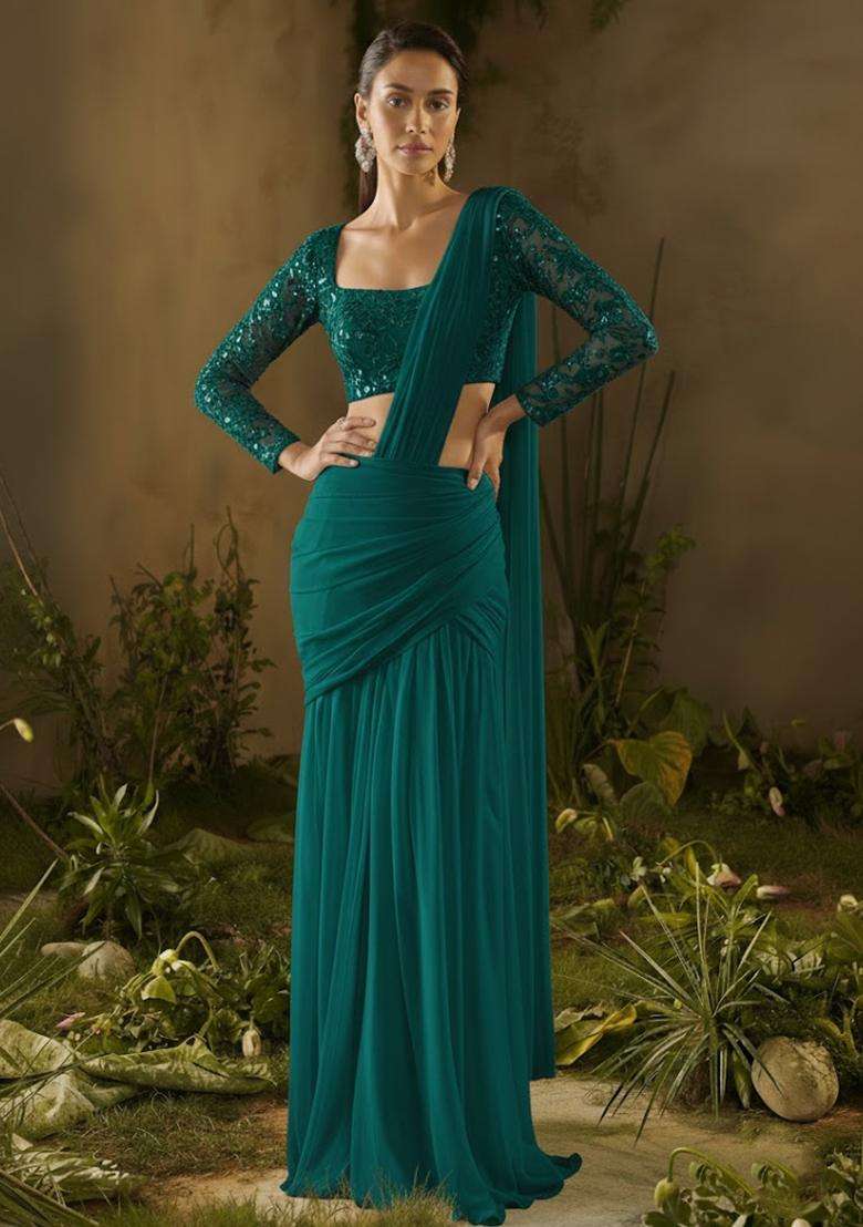 Teal Embroidered Georgette Pre Draped Saree Set - Indya