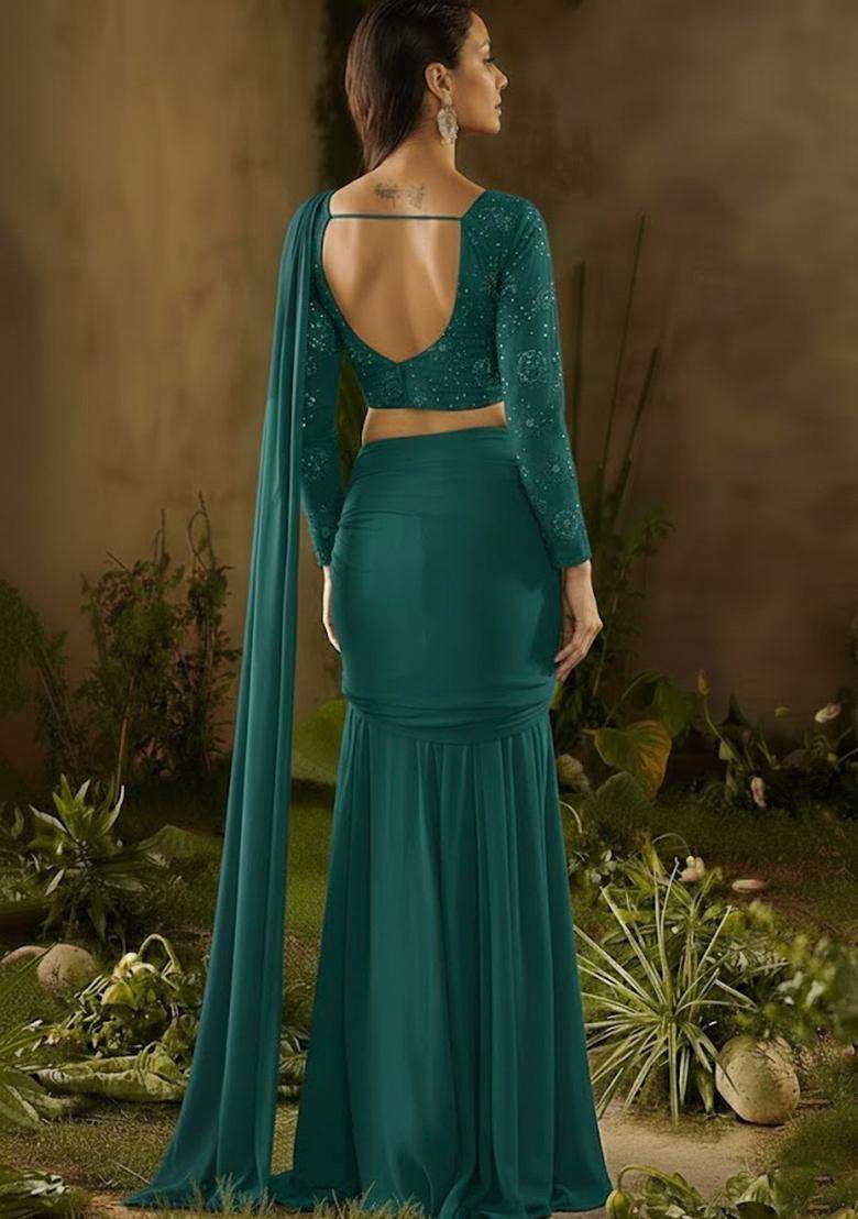Teal Embroidered Georgette Pre Draped Saree Set - Indya