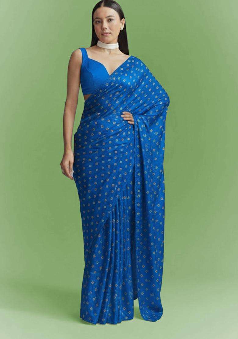 Royal Blue Booti Print Chinon Pre Draped Saree Set - Indya