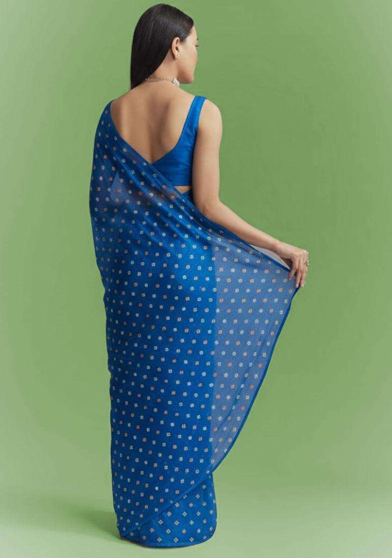 Royal Blue Booti Print Chinon Pre Draped Saree Set - Indya