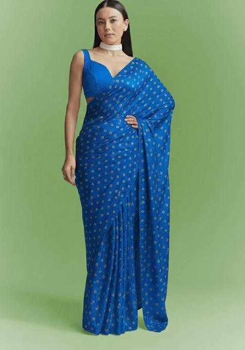Royal Blue Booti Print Chinon Pre Draped Saree Set