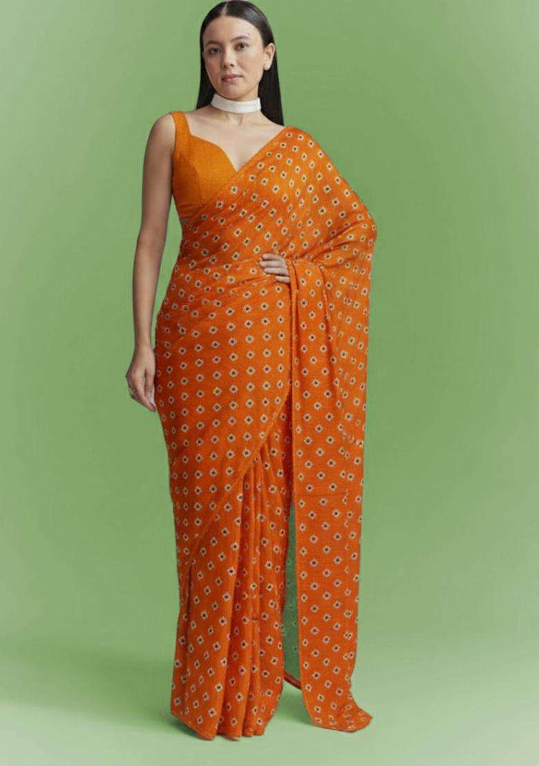 Rust Booti Print Chinon Pre Draped Saree Set - Indya