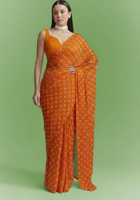 Rust Booti Print Chinon Pre Draped Saree Set