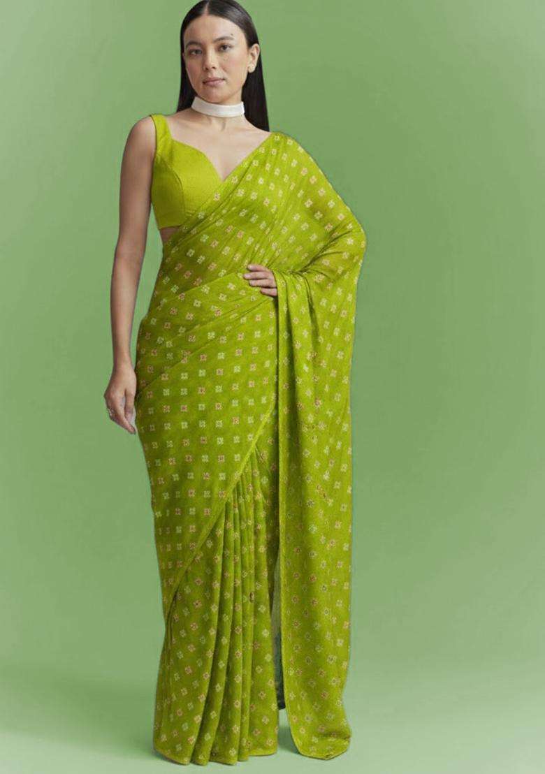 Olive Green Booti Print Chinon Pre Draped Saree Set - Indya
