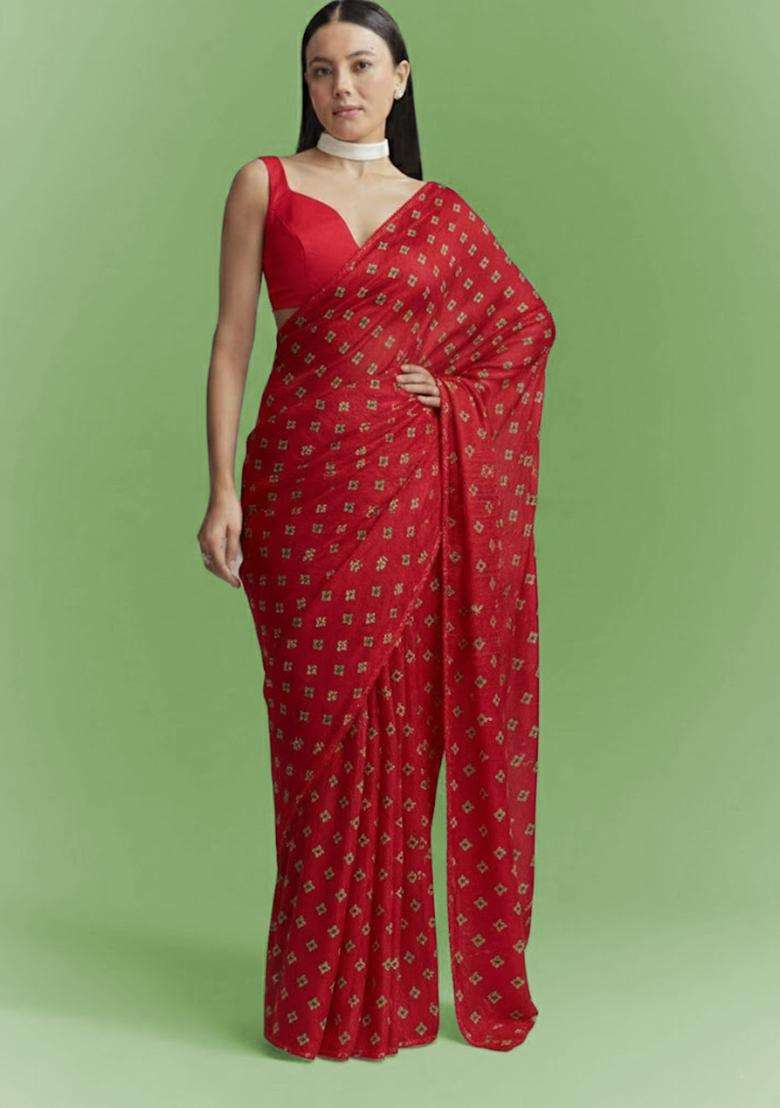 Red Booti Print Chinon Pre Draped Saree Set - Indya
