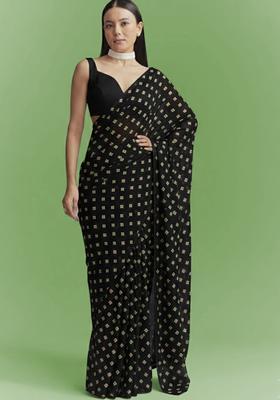 Black Booti Print Chinon Pre Draped Saree Set
