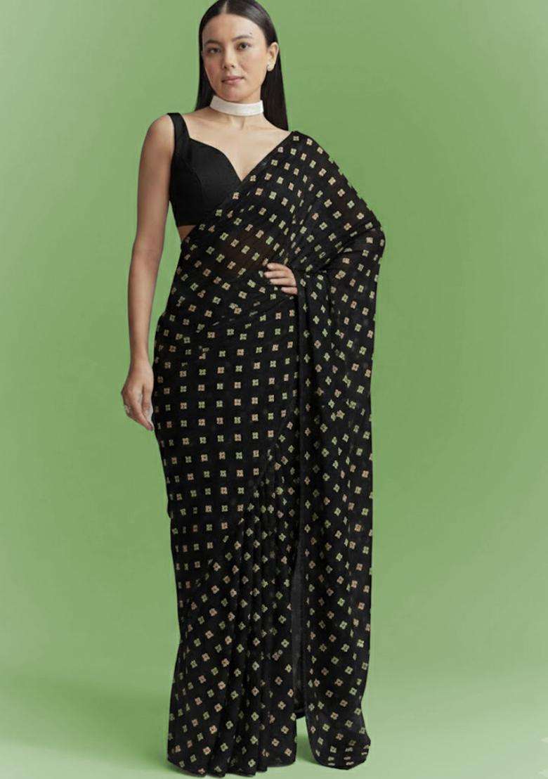 Black Booti Print Chinon Pre Draped Saree Set - Indya