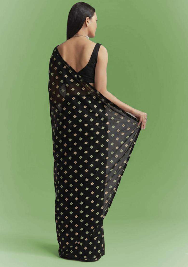 Black Booti Print Chinon Pre Draped Saree Set - Indya