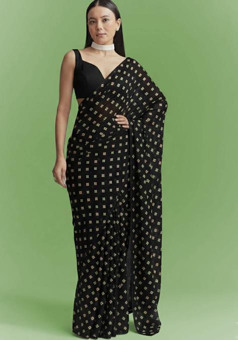 Black Booti Print Chinon Pre Draped Saree Set