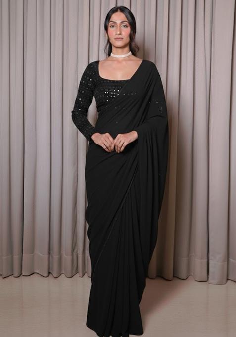 Black Embroidered Georgette Pre Draped Saree Set