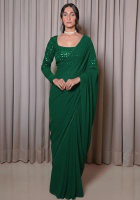Green Embroidered Georgette Pre Draped Saree Set