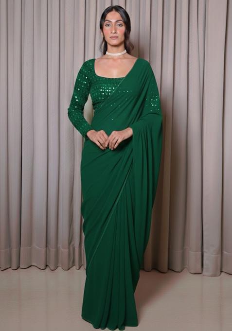 Green Embroidered Georgette Pre Draped Saree Set