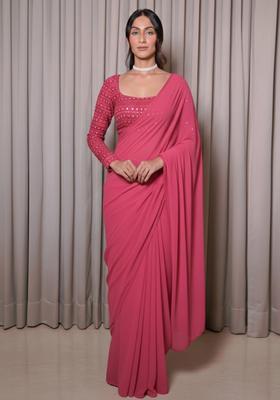 Pink Embroidered Georgette Pre Draped Saree Set