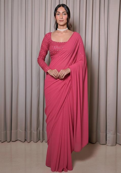 Pink Embroidered Georgette Pre Draped Saree Set