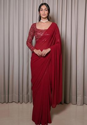 Red Embroidered Georgette Pre Draped Saree Set