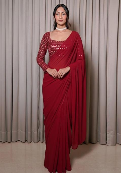 Red Embroidered Georgette Pre Draped Saree Set