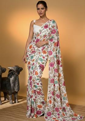 Off White Floral Print Crepe Pre Draped Saree Set