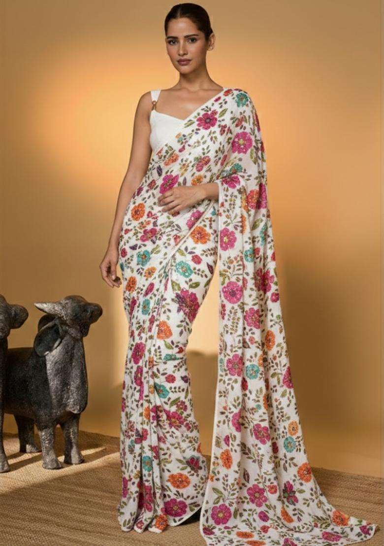 Off White Floral Print Crepe Pre Draped Saree Set - Indya