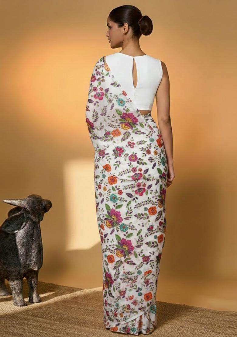 Off White Floral Print Crepe Pre Draped Saree Set - Indya