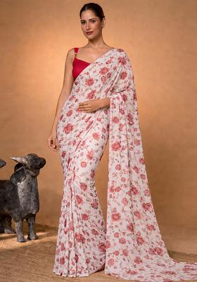 Red Floral Print Crepe Pre Draped Saree Set