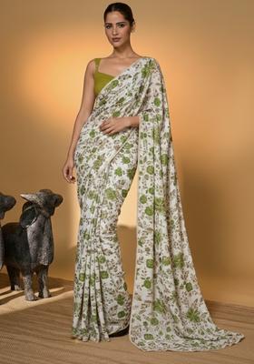 Olive Green Floral Print Crepe Pre Draped Saree Set