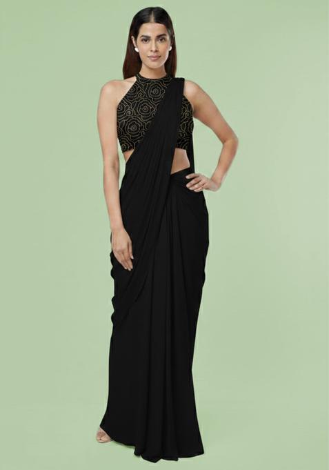 Black Embroidered Crepe Pre Draped Saree Set