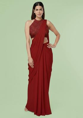 Red Embroidered Crepe Pre Draped Saree Set