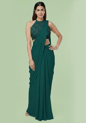 Teal Embroidered Crepe Pre Draped Saree Set