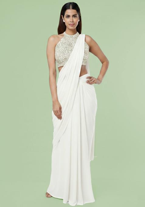 White Embroidered Crepe Pre Draped Saree Set