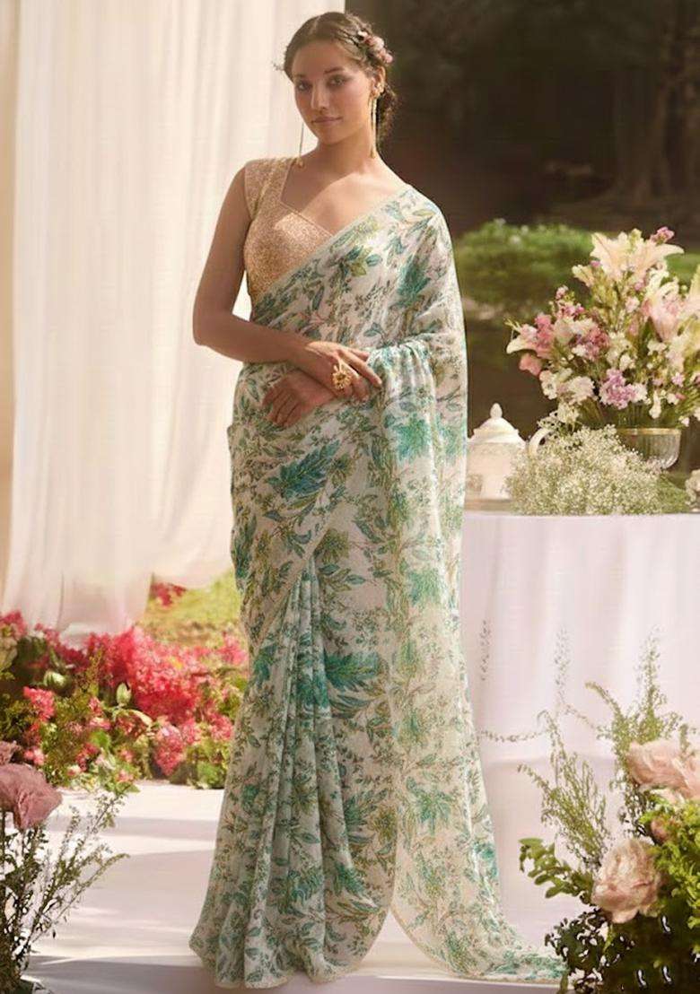 Mint Green Printed Crepe Pre Draped Saree Set - Indya