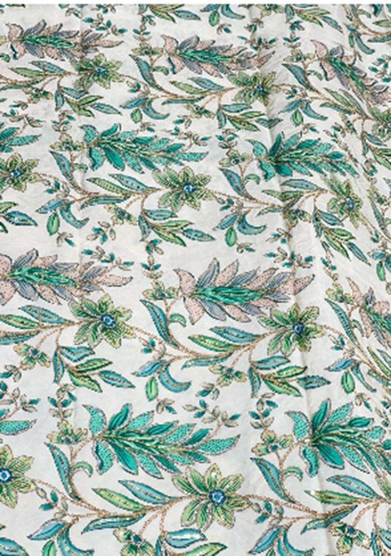Mint Green Printed Crepe Pre Draped Saree Set - Indya