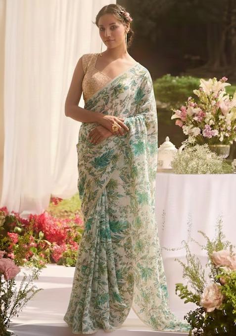 Mint Green Printed Crepe Pre Draped Saree Set