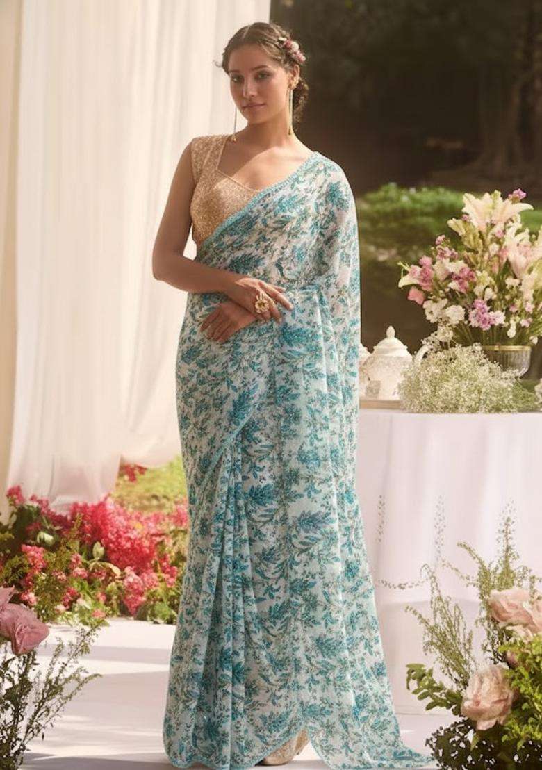 White Printed Crepe Pre Draped Saree Set - Indya